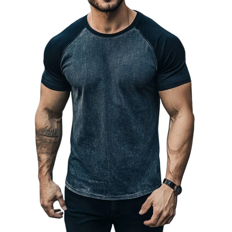 Men's Casual Breathable Cotton Patchwork Denim Round Neck Slim Short Sleeve T-shirt MTA0356G3M