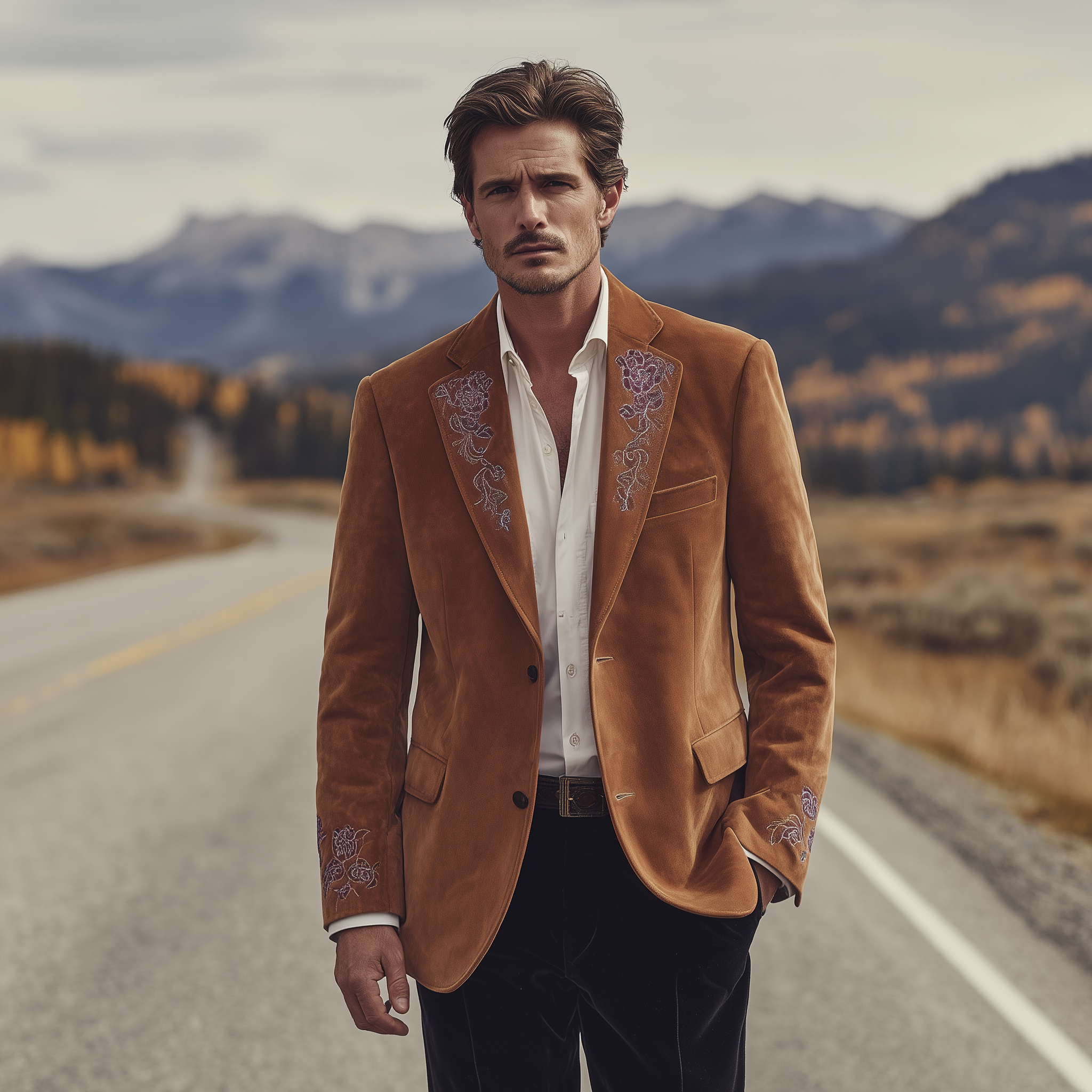 Men's Classic Retro Western Style Suede Collar And Cuff Embroidery Single-breasted Blazer MTA2841H1K