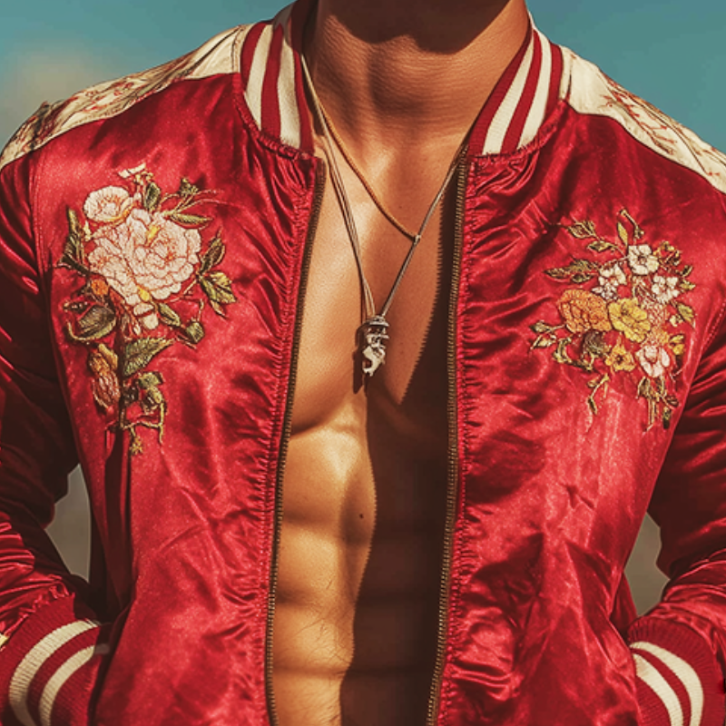 Men's Vintage Casual Floral Embroidered Satin Baseball Jacket MTA1892G0TO