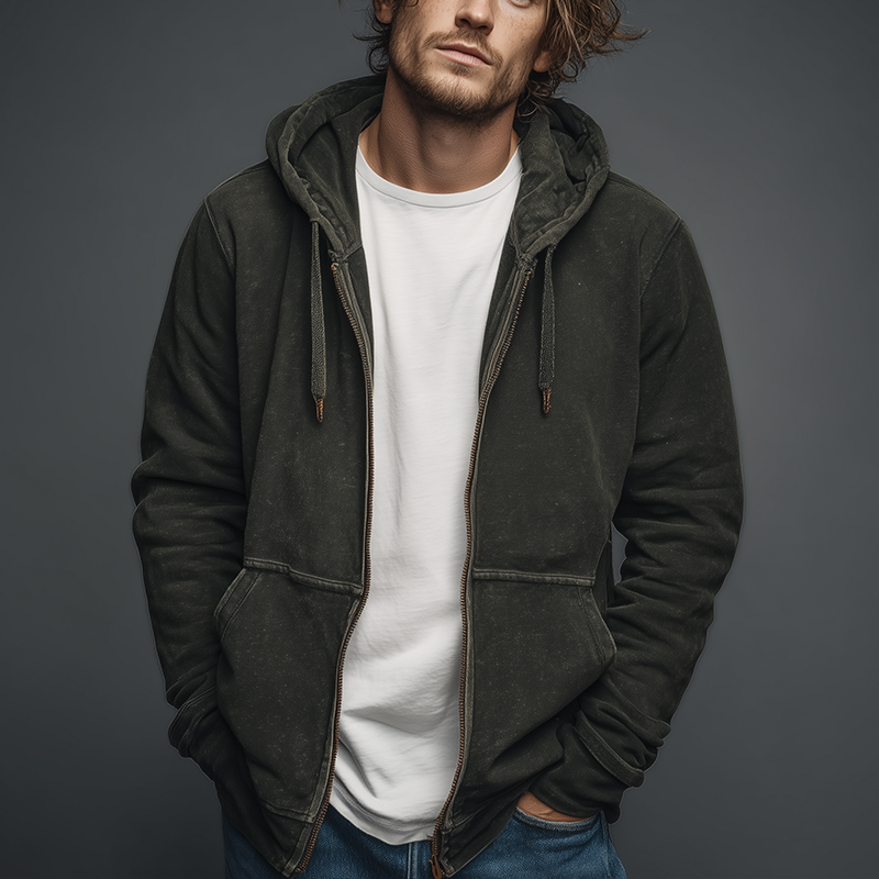 Men's Autumn Retro Washed Distressed Hooded Zipper Sweatshirt Cardigan MTA1337I9P
