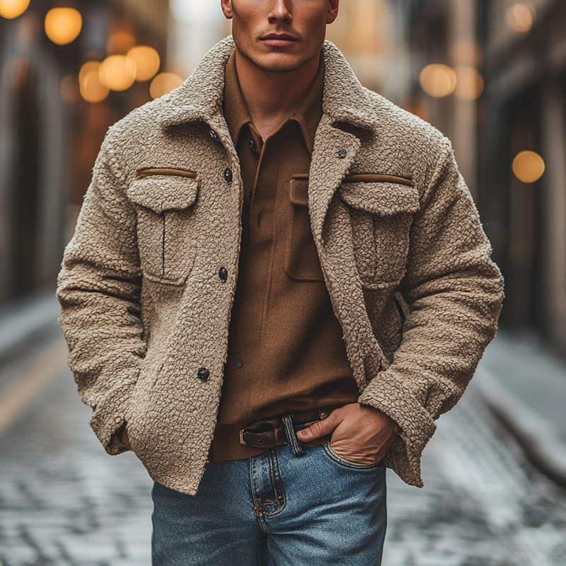 Men's Solid Color Polar Fleece Lapel Single-breasted Jacket MTA2257I9X