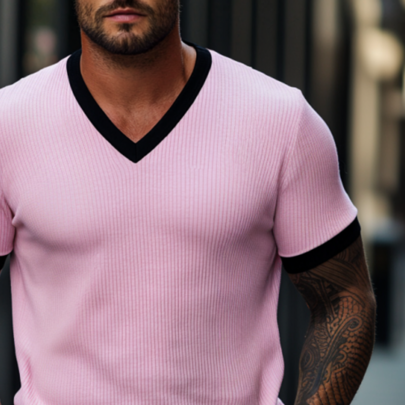 Herre hudvennlig ottomansk ribbet fargeblokk slim fit V-hals kortermet T-skjorte MTA0684F9Y