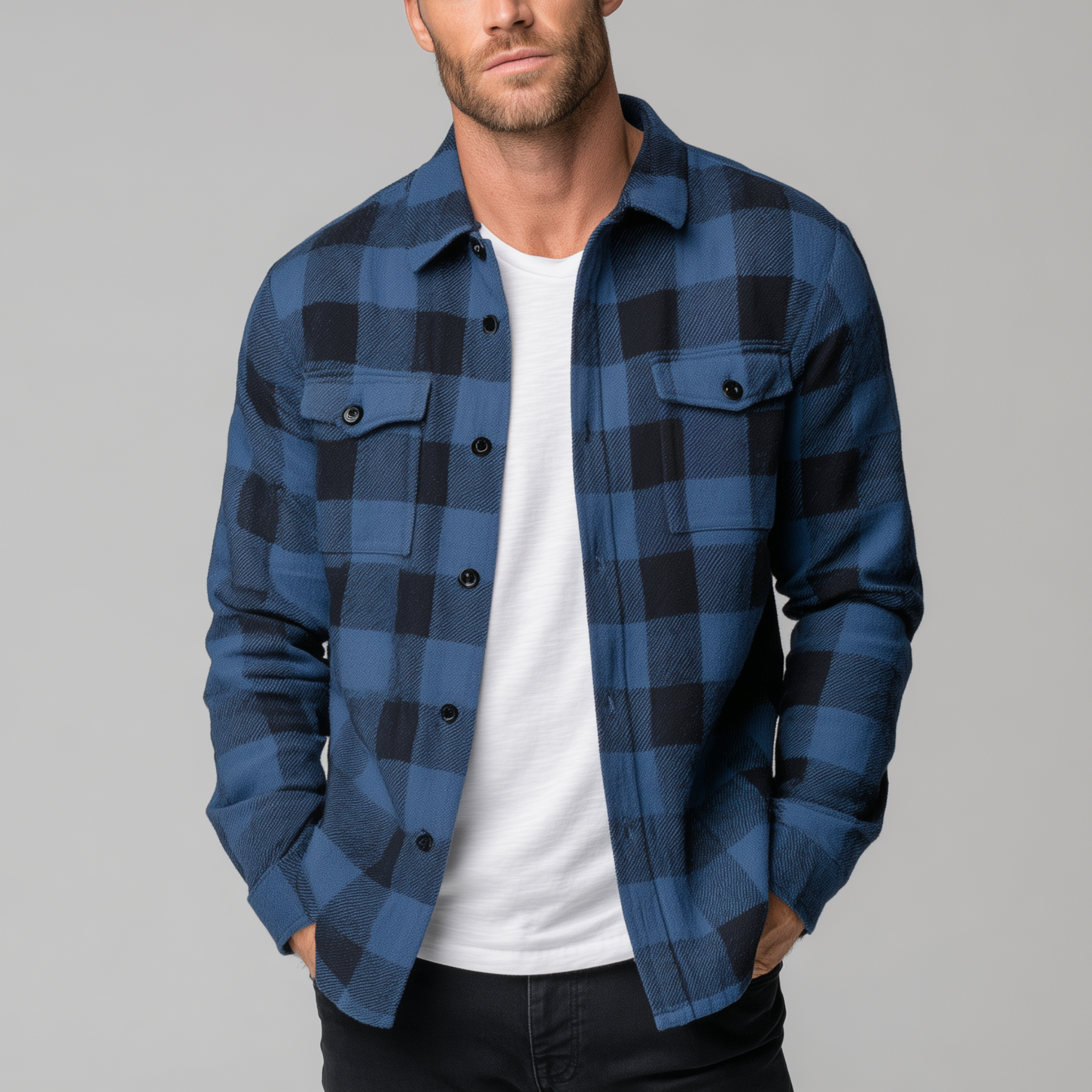 Men's Classic Casual Contrast Check Brushed Cotton Blend Long Sleeve Shirt MTA3034H3K