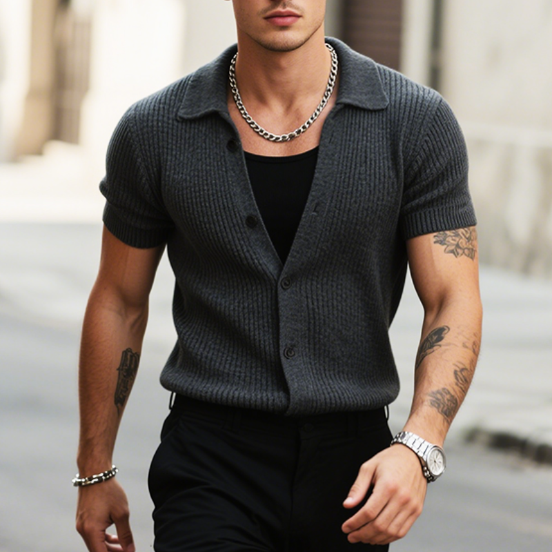 Men's Retro Casual Street Solid Color Knitted Lapel Short Sleeve Shirt MTA2903E3TO