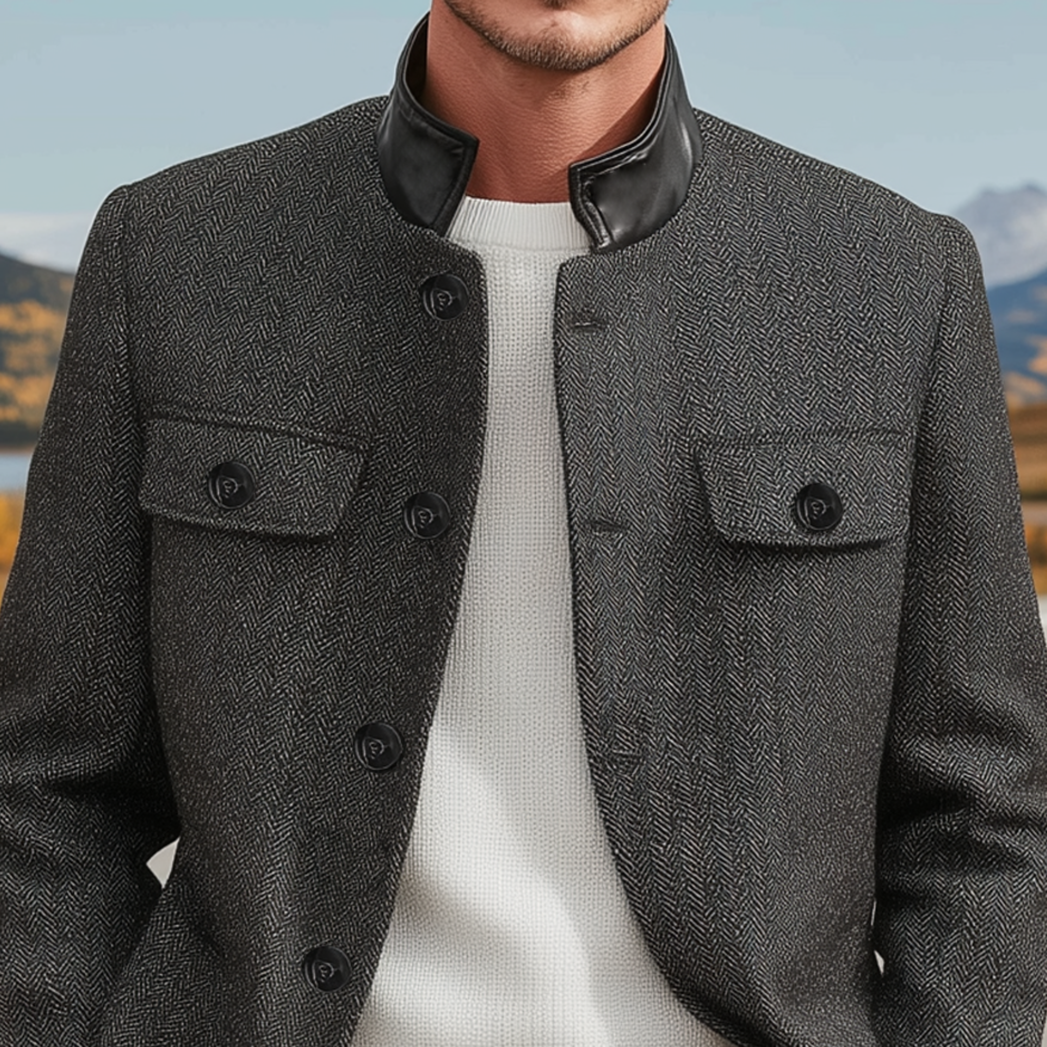 Men's Classic Vintage PU Leather Stand Collar Button Herringbone Jacket MTA1592I2K