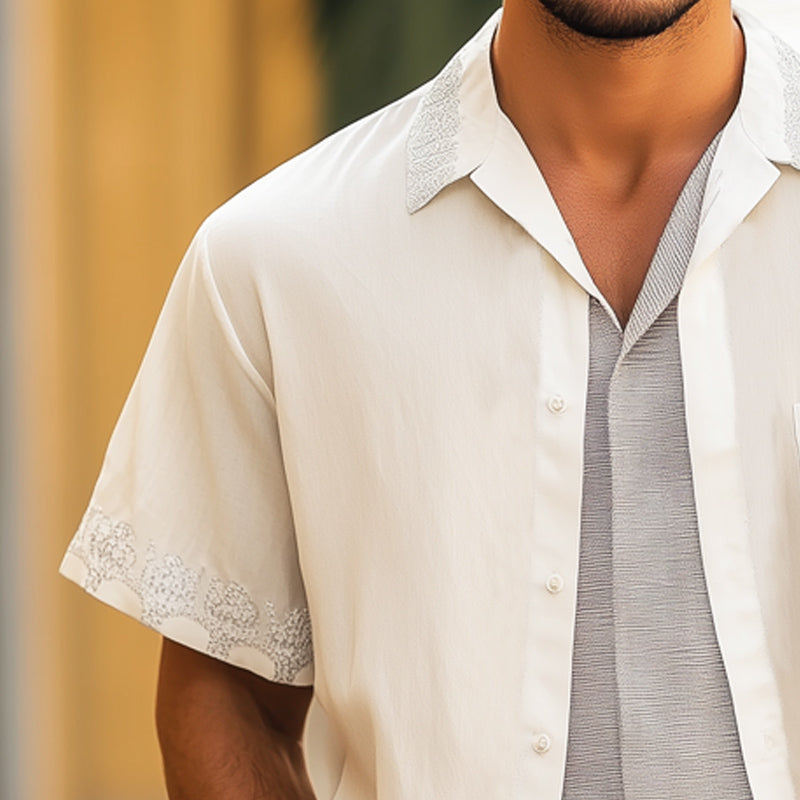 Men's Summer Casual Silver Embroidery Lapel Cotton Short Sleeve Shirt MTA2216E4U