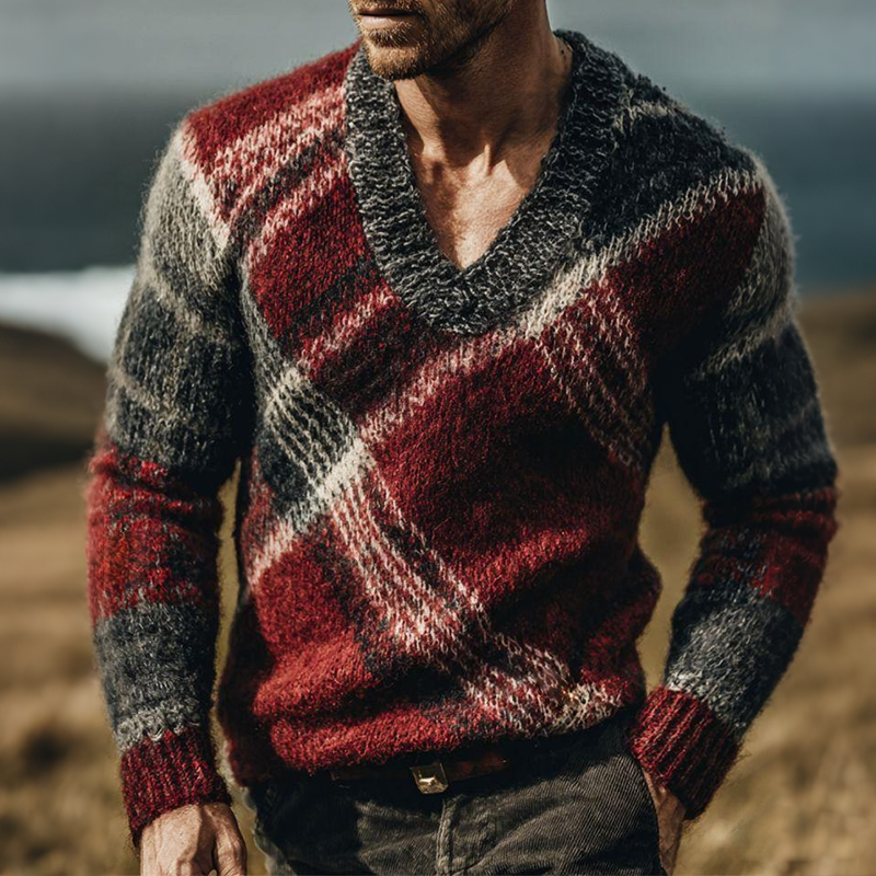 Men's Retro Casual Plaid Knit V-Neck Sweater MTA1273K6TO