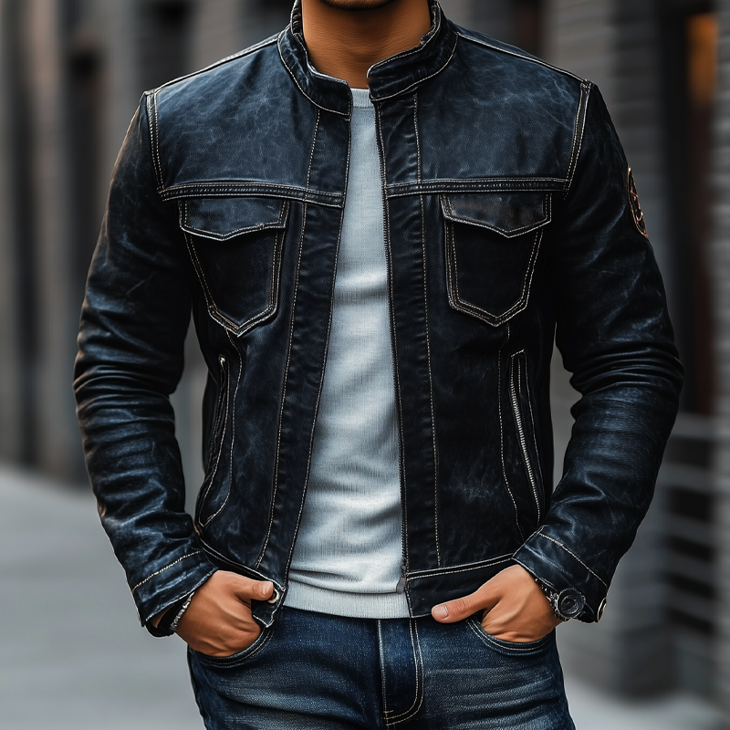 Men's Vintage Motorcycle Stand Collar Zip-Up Jacket MTA1952H9X