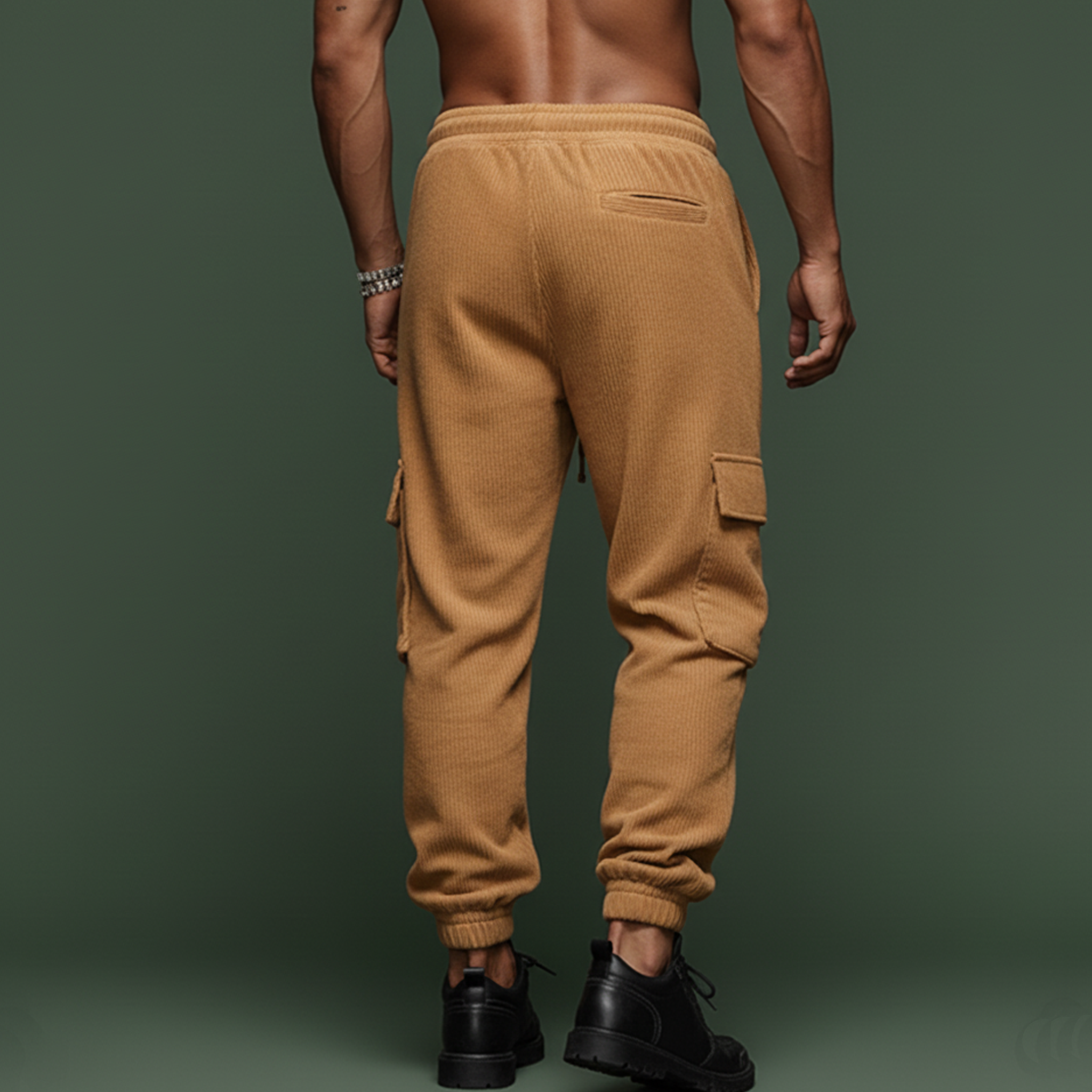 Men's Classic Casual Corduroy Elastic Waist Drawstring Multi-pocket Trousers MTA2835J3K