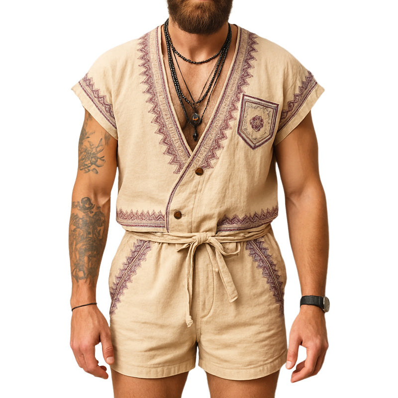 Men's Summer Exquisite Embroidered V-Neck T-Shirt Shorts Set MTA2868E1U