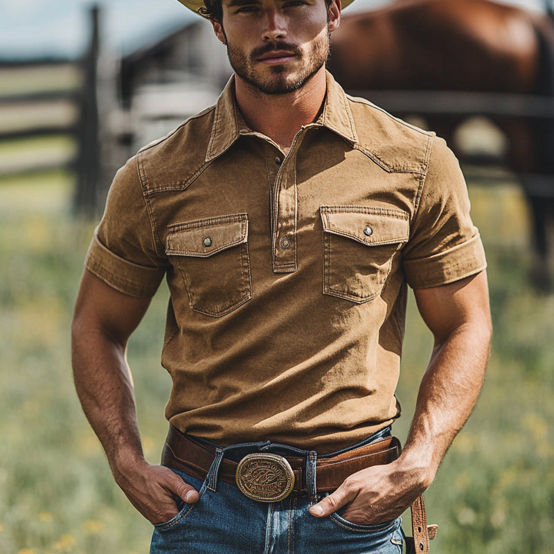 Men'S Cotton Solid Color Casual Multi-Pocket Short Sleeve Shirt MTA0975E8X