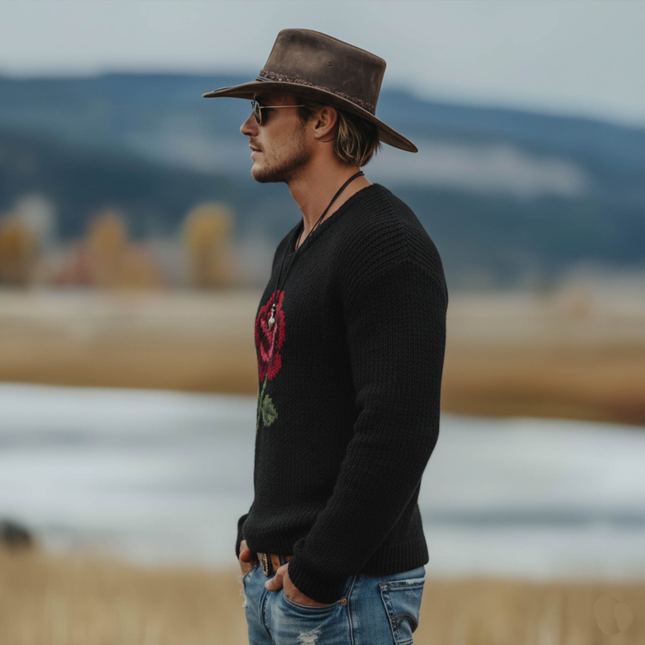 Men's Classic Retro Western Style Rose V-neck Sweater MTA3046K3K