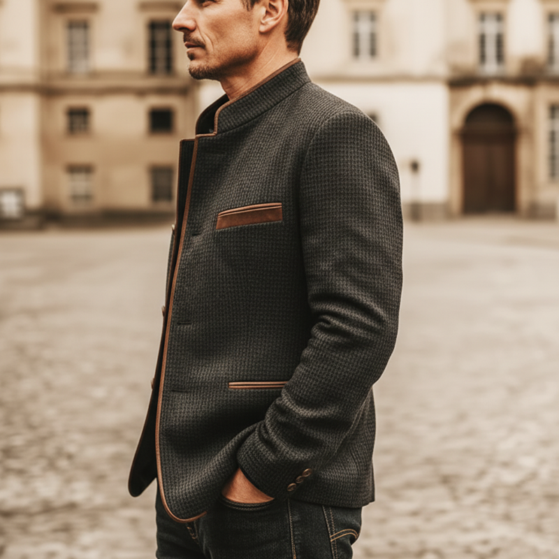 Men's Business Corduroy Plaid Textured Stand Collar Button Jacket MTA1404K0U