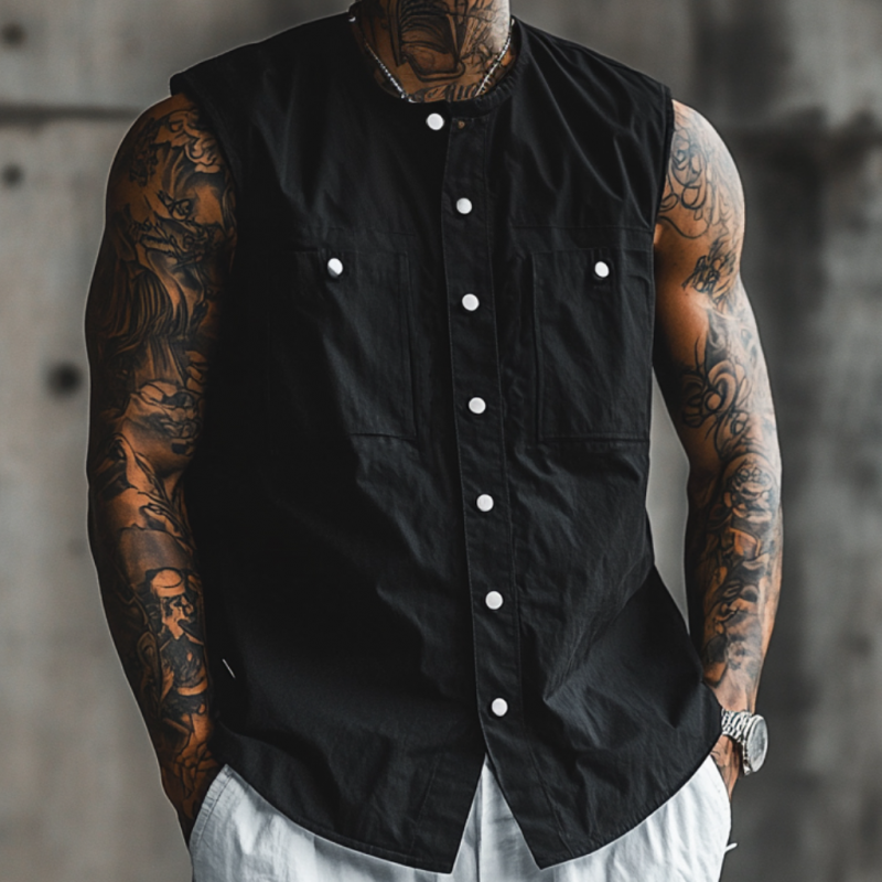Men's Casual Breathable Cotton Round Neck Iron Single Breasted Loose Sleeveless Shirt MTA2665E3M