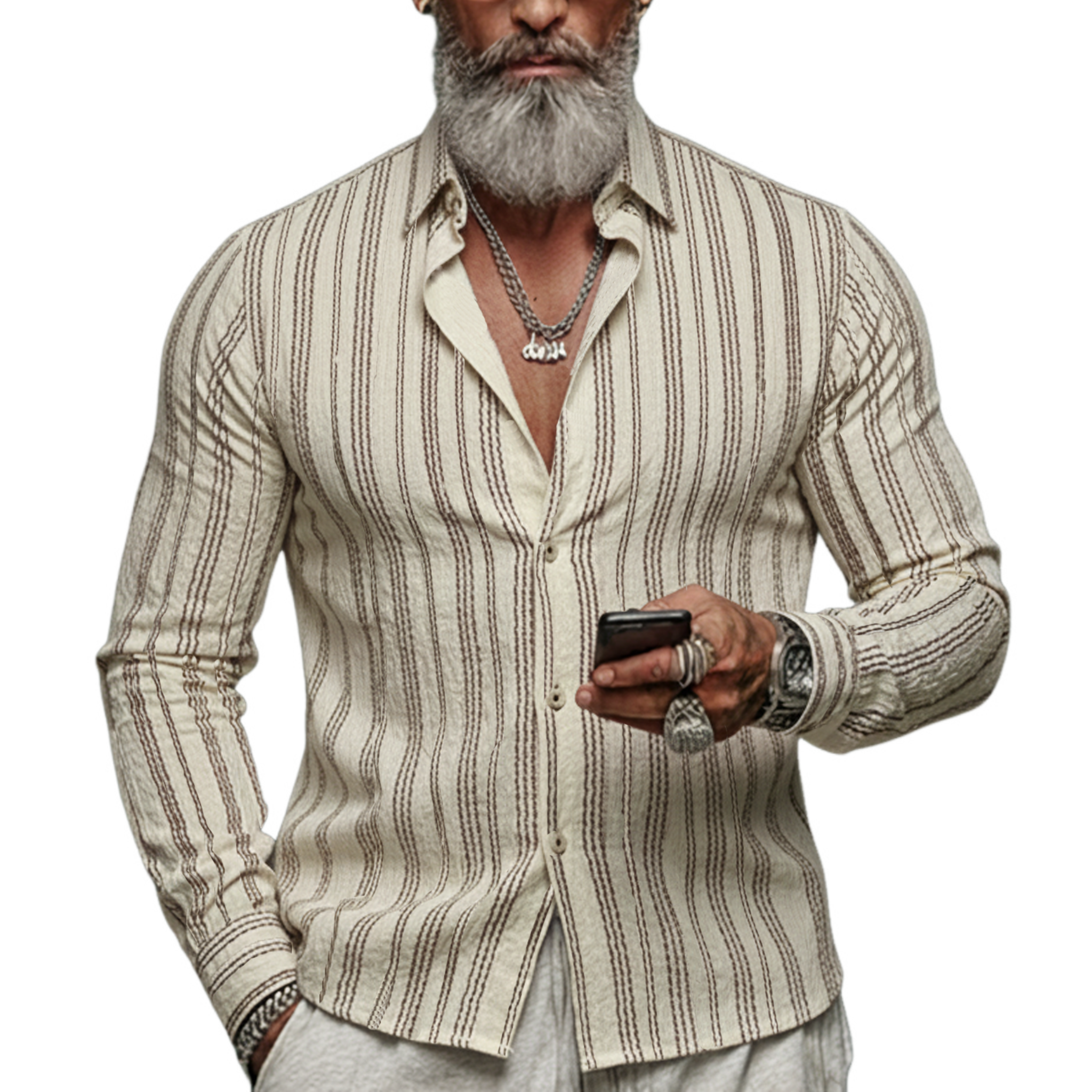 Men's Classic Casual Lapel Collar Vertical Stripe Cotton Blend Long-sleeved Shirt MTA1514L0K