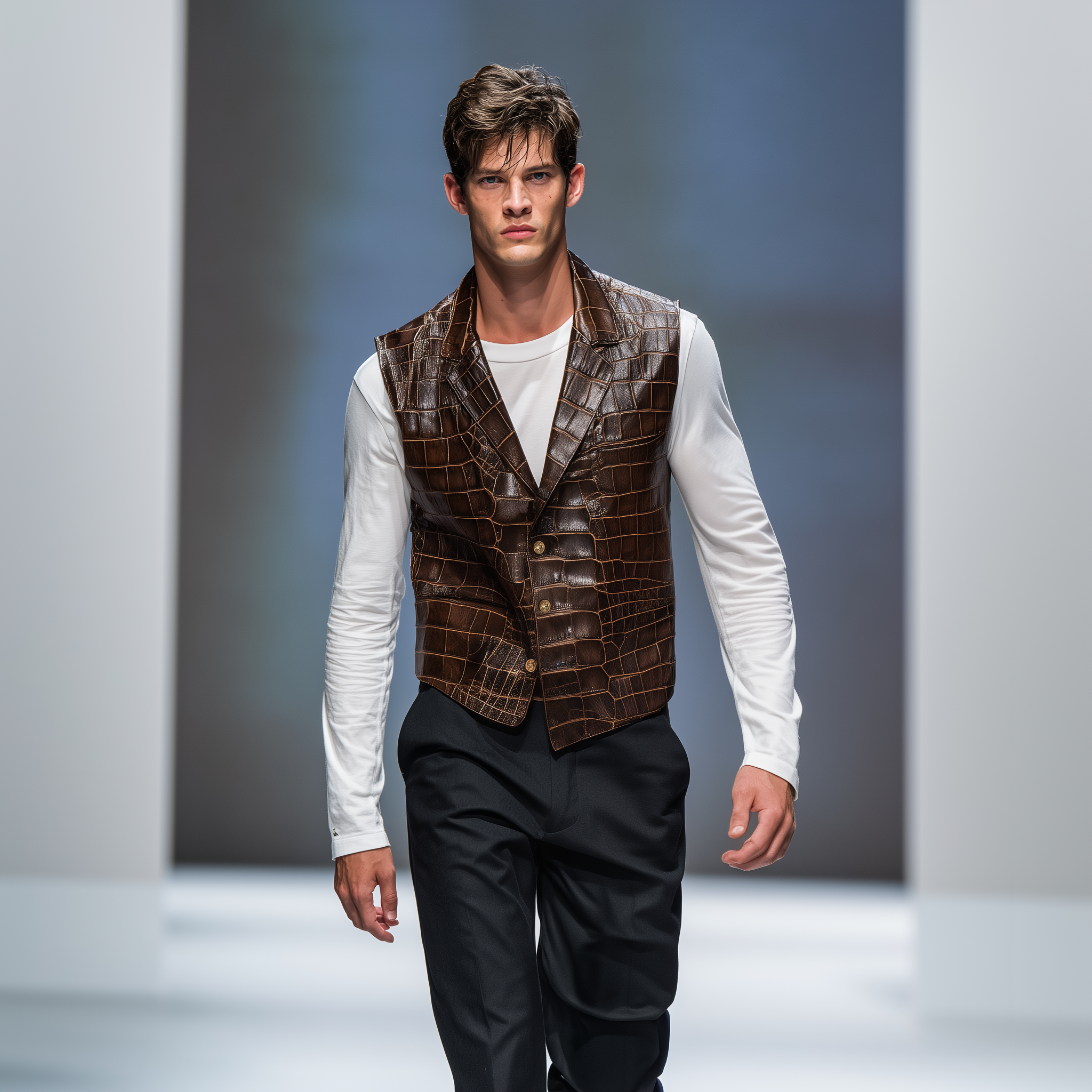 Men's Classic Retro Textured Leather Blazer Collar Single-breasted Slim Vest MTA0248H1K