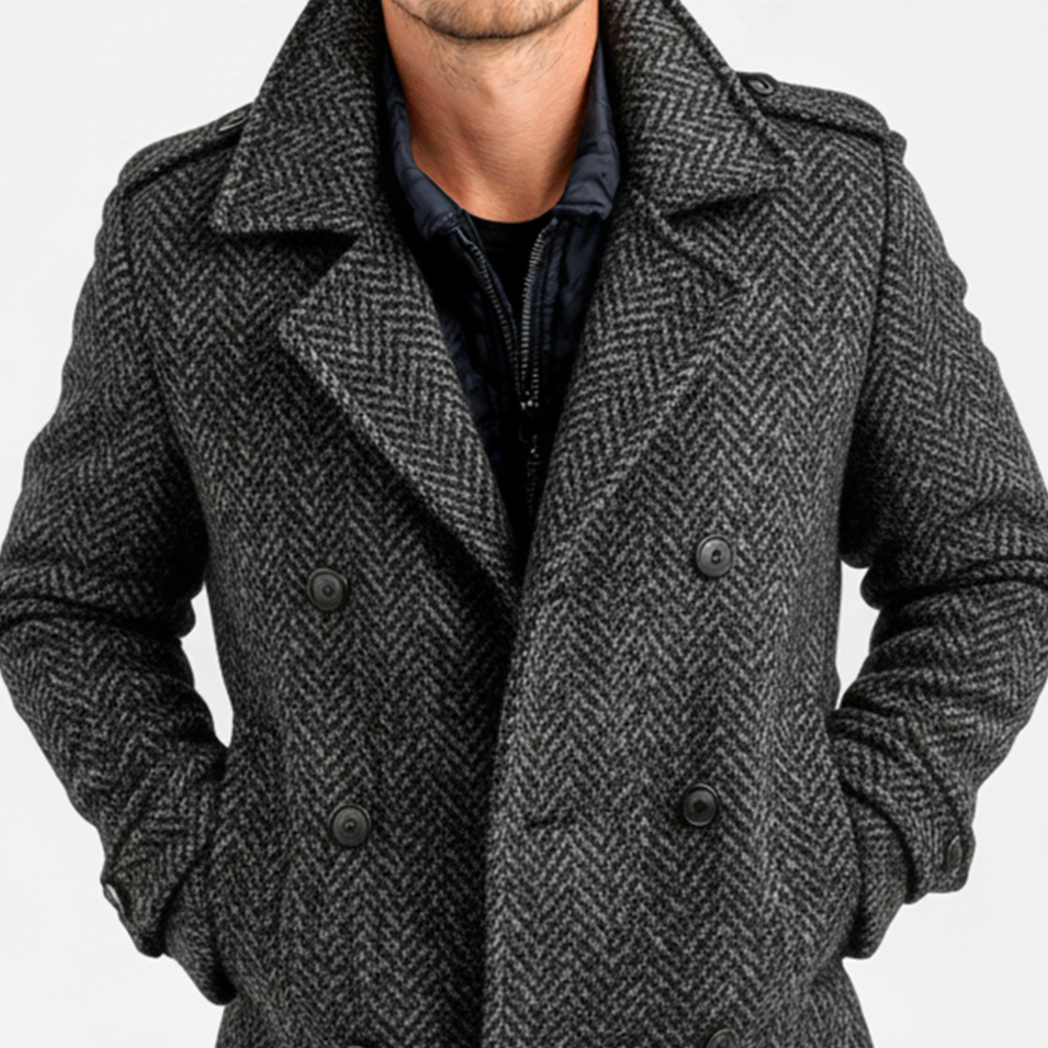 Men's Classic Light Business Lapel Double-breasted Faux Herringbone Wool Coat MTA3060I6K