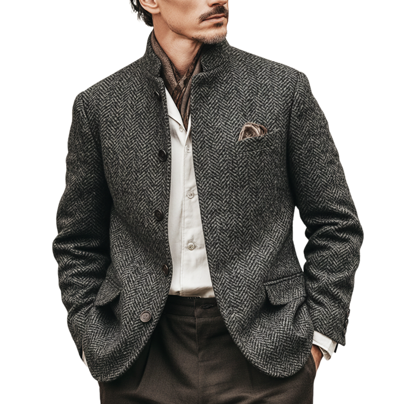 Men's Classic Plaid Stand Collar Double Vent Slim Fit Jacket MTA2171K8U