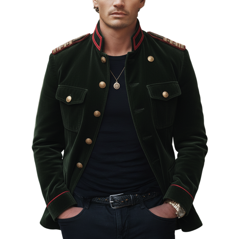 Men's Classic Army Green Stand-collar Velvet Embroidered Jacket MTA0503L4U