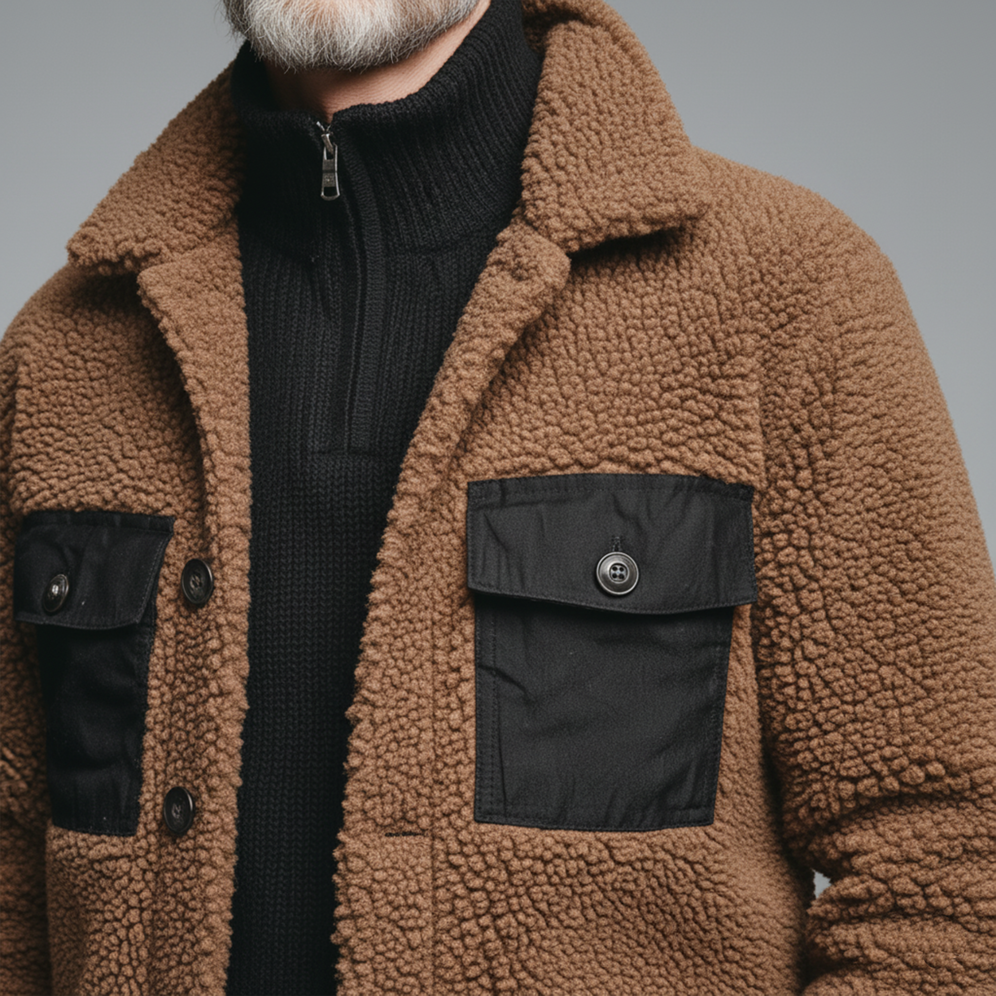 Men's Classic Casual Lapel Cotton Blend Pocket Button Teddy Fleece Jacket MTA1757J2K