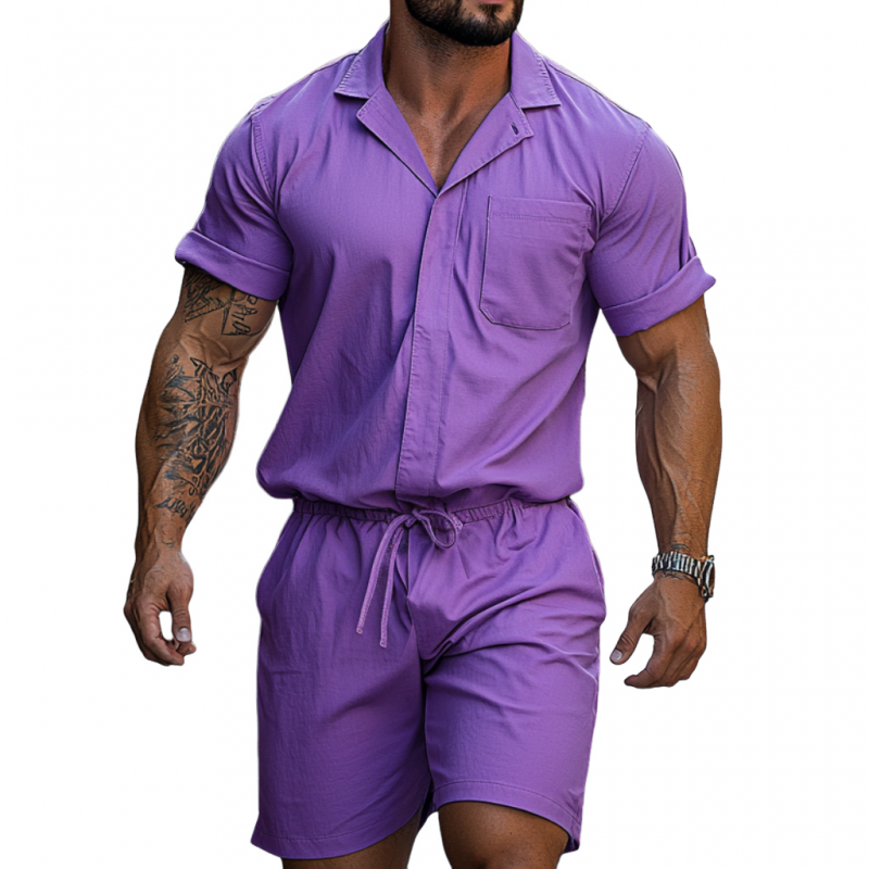 Men's Casual Breathable Cotton Lapel Patch Pocket Slim Fit Short Sleeve Shorts Jumpsuit MTA1342F0M
