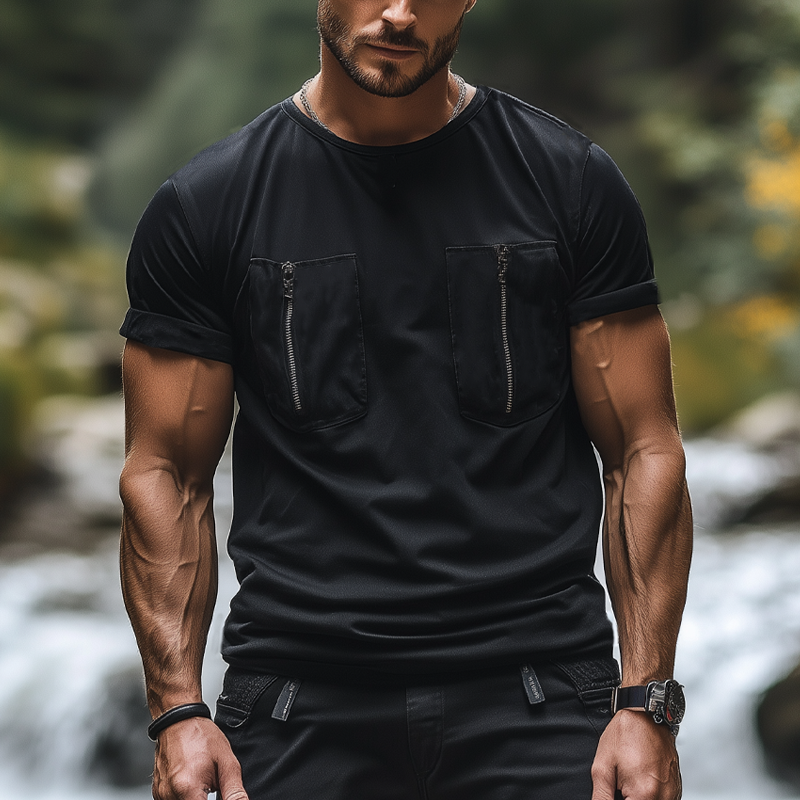 Men's Summer Fashion Zipper Pocket Round Neck Short Sleeve T-Shirt MTA2026F7U