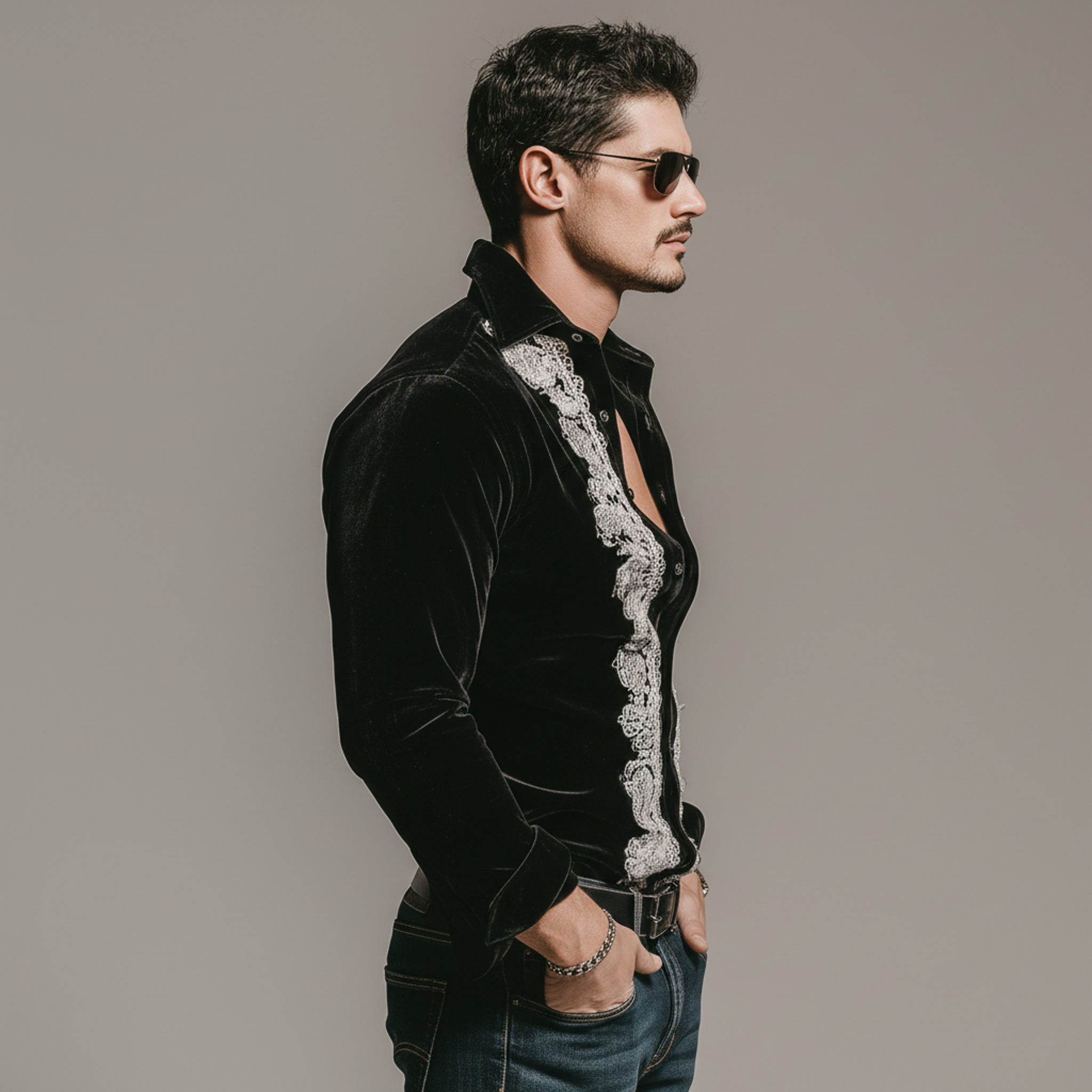 Men's Classic Vintage Lace-paneled Lapel Black Velvet Long-sleeved Shirt MTA2087L4K