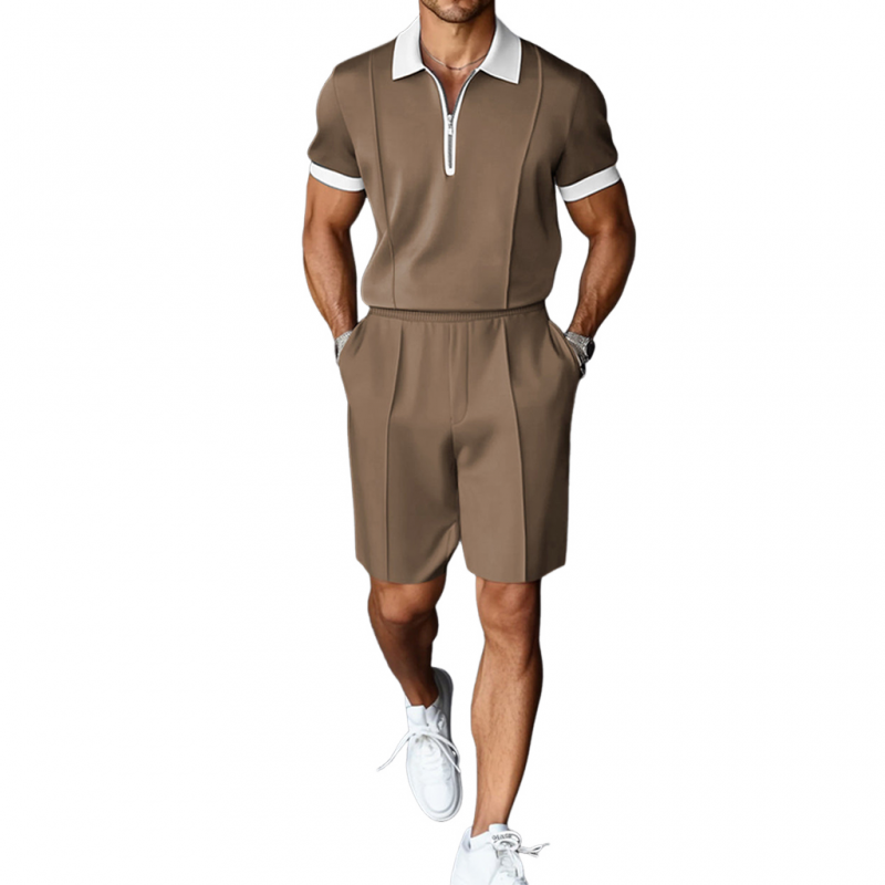 Men's Casual Breathable Cotton Colorblock Zipper Lapel Short Sleeve Polo Shirt Elastic Waist Shorts Set MTA2620E8M