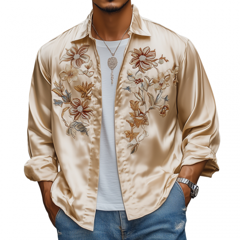 Men's Vintage Elegant Flower Embroidery Satin Lapel Stand Collar Loose Long Sleeve Shirt MTA1652F5M