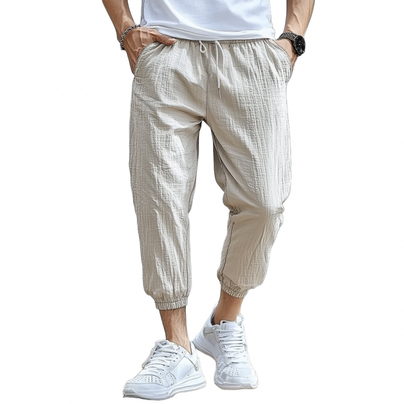 Men's Casual Cotton Linen Bubble Wrinkle Elastic Waist Loose Cropped Pants MTA1552E9M