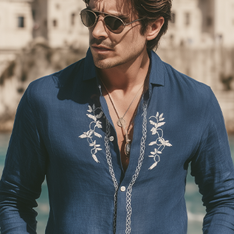 Men's Spring And Summer Retro Exquisite Embroidered Tencel Cotton Long-sleeved Shirt MTA1634G8K