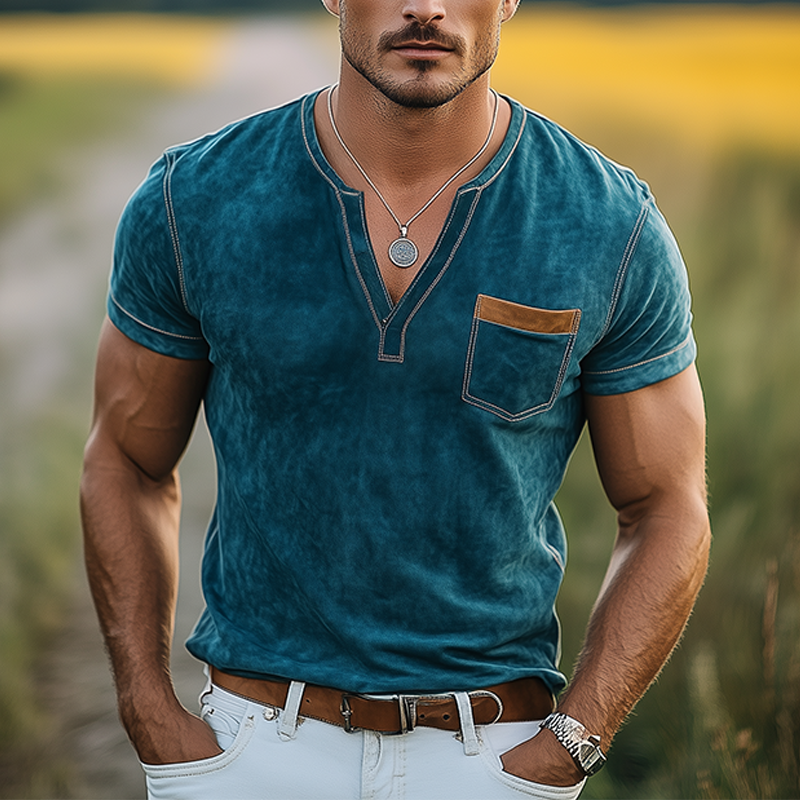 Men's Spring And Summer Casual Thin Suede V-neck Slim Short-sleeved T-shirt MTA0113G9K