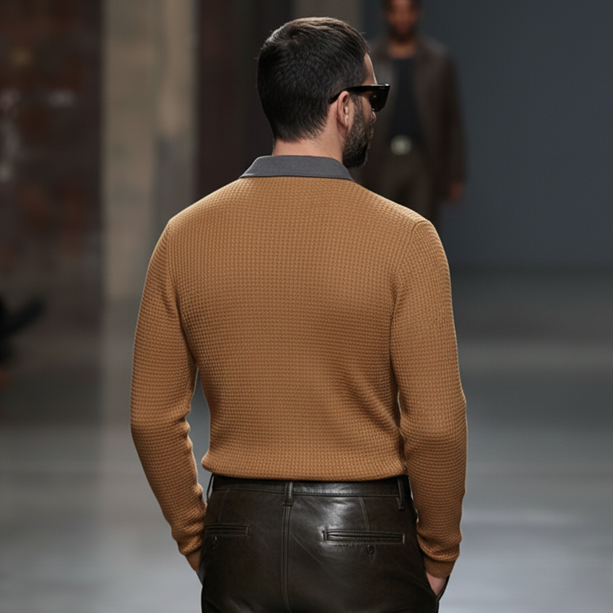 Men's Classic Casual Suede Collar And Waffle Long-sleeved Polo Shirt MTA2878K9K