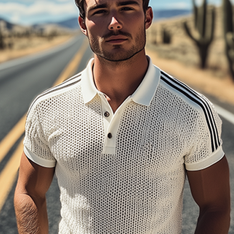 Men's Spring And Summer Fashion Casual Knitted Patchwork Striped Short-sleeved Polo Shirt MTA3083F4K