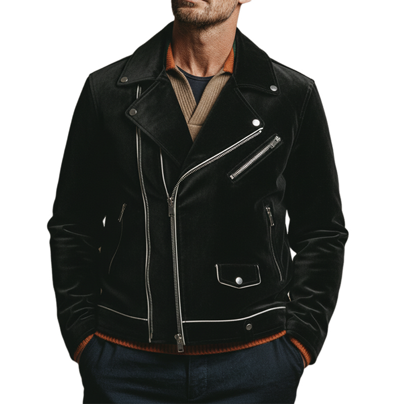 Men's Solid Color Retro Velvet Lapel Motorcycle Multi-zip Jacket MTA1909K4X