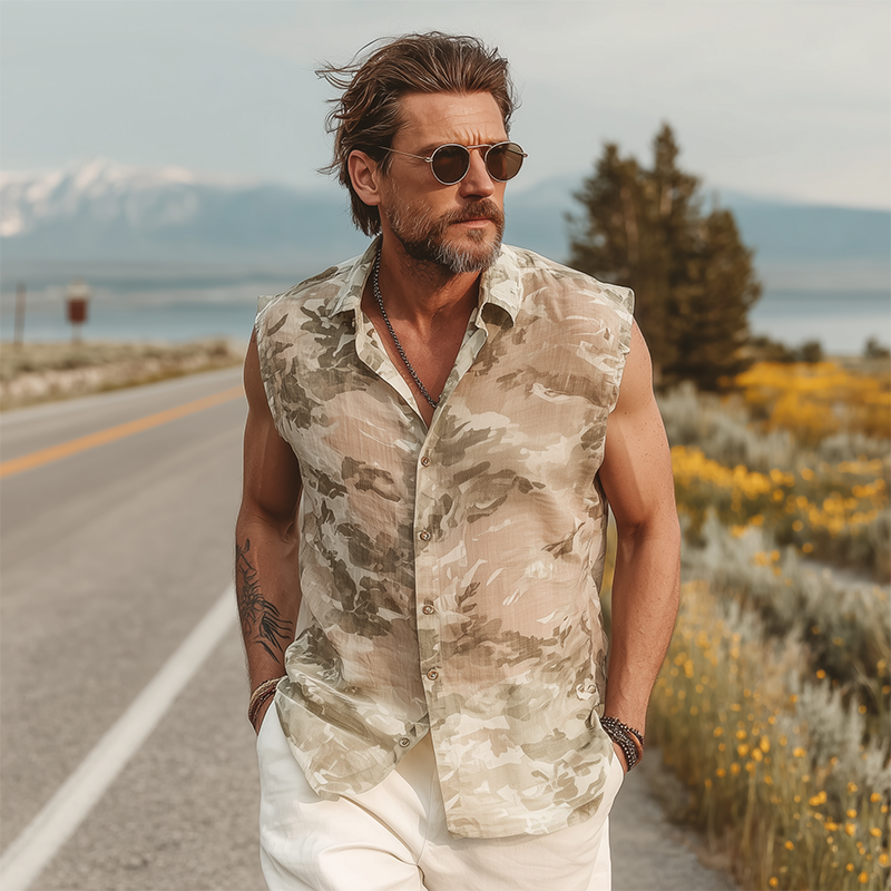 Men's Summer Fashion Casual Chiffon Slightly Transparent Sexy Camouflage Print Sleeveless Shirt MTA0509G7K