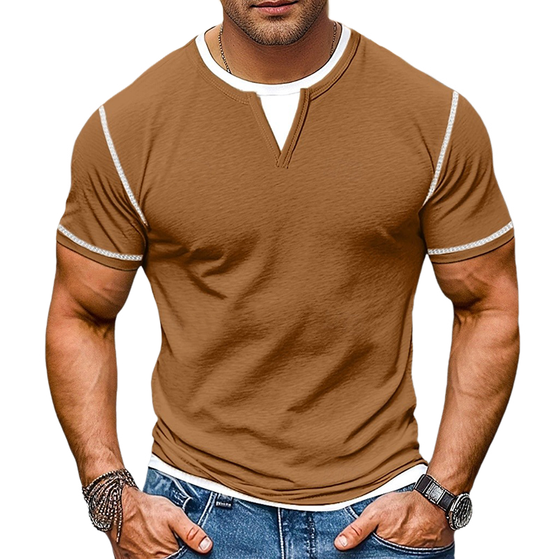 Men's Contrast Color V-Neck Cotton Blend Short Sleeve T-Shirt MTA1932G9X