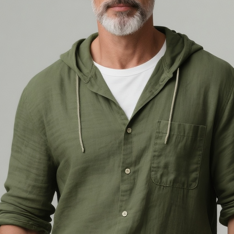 Men's Solid Cotton And Linen Hooded Long Sleeve Shirt MTA2327G0Z