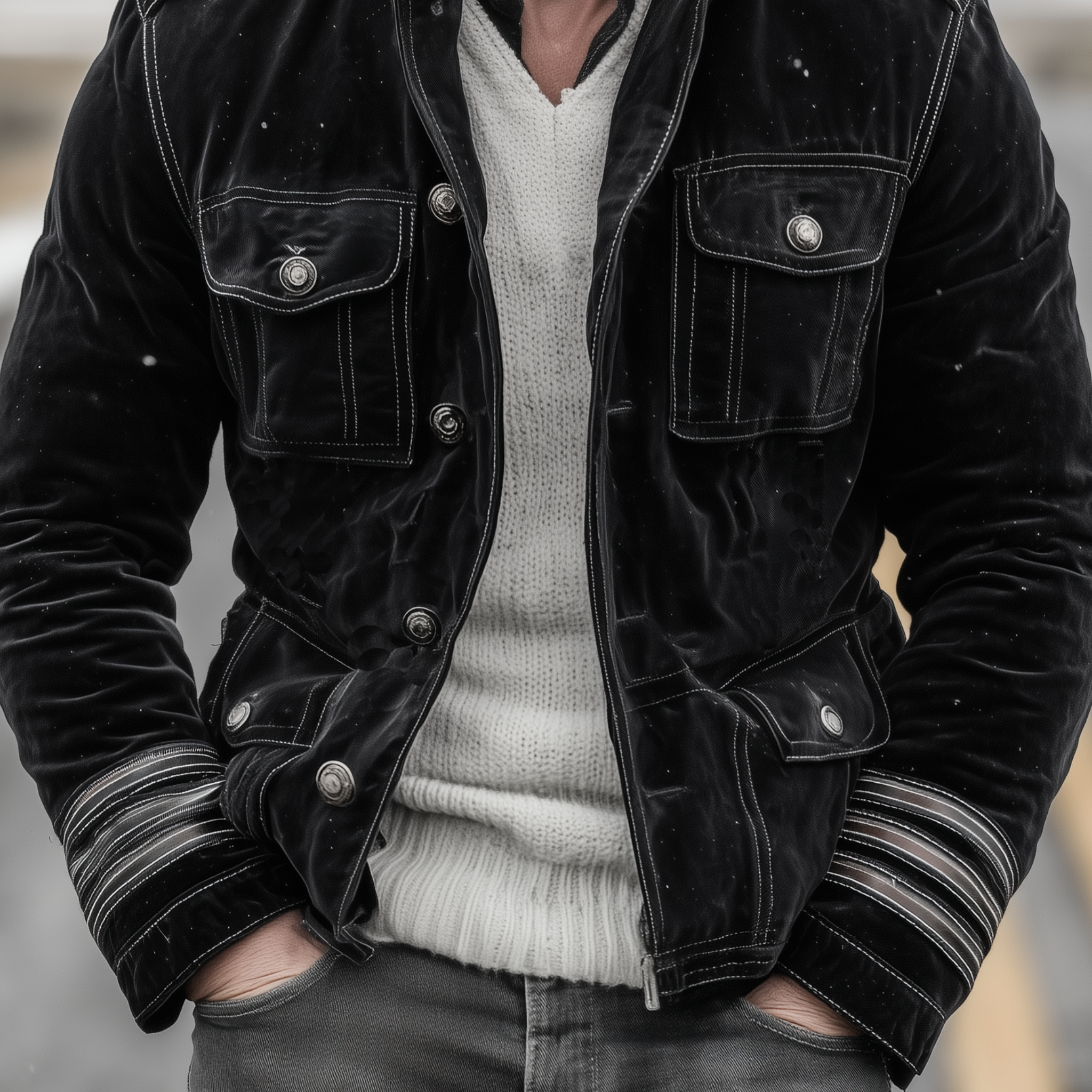 Men's Classic Retro Western Style Stand-up Collar Multi-pocket Faux Velvet Jacket MTA1400K4K