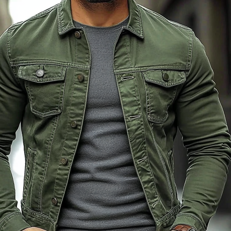 Men's Solid Color Slim Fit Single-breasted Lapel Denim Jacket MTA2042H5X