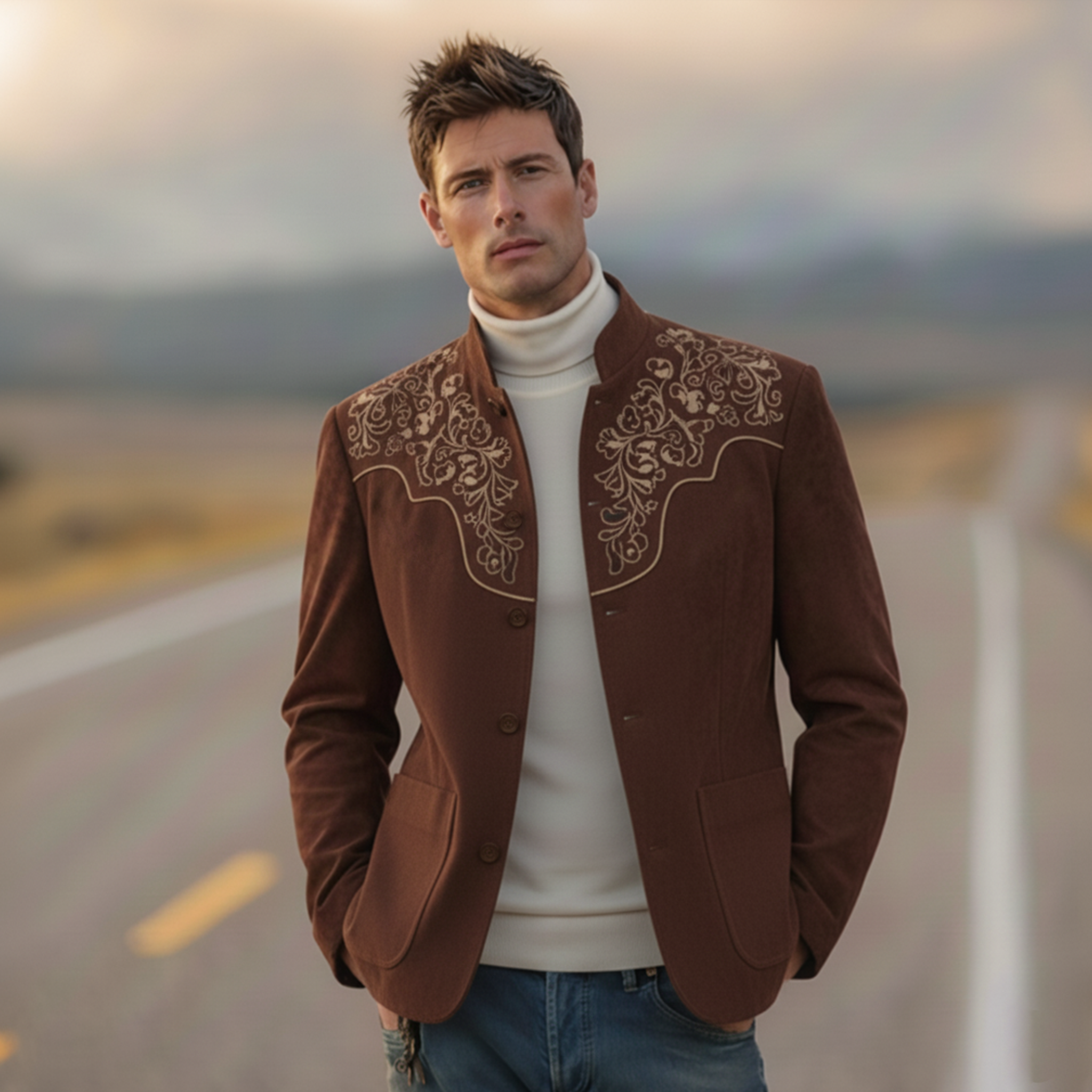 Men's Classic Retro Western Style Stand Collar Embroidered Faux Suede Single-Breasted Jacket MTA1168K5K