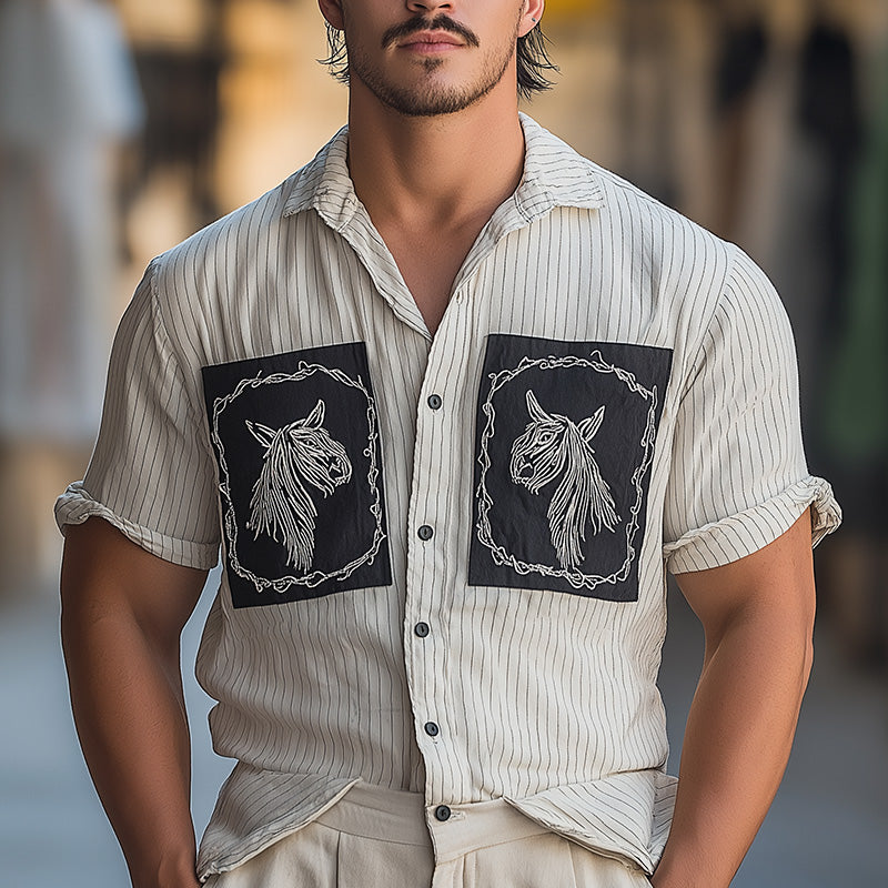 Men's Summer Fashion Plaid Embroidery Patchwork Short Sleeve Shirt MTA2830E9P