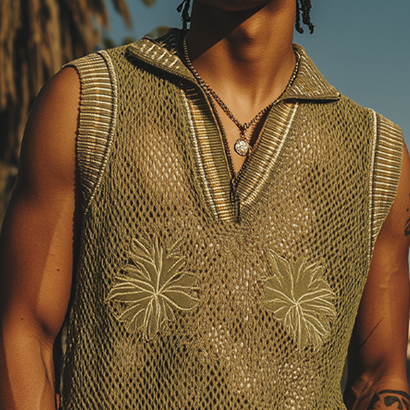 Men's Spring And Summer Fashion Casual Embroidered Knitted V-Neck Tank Top MTA2060F2K