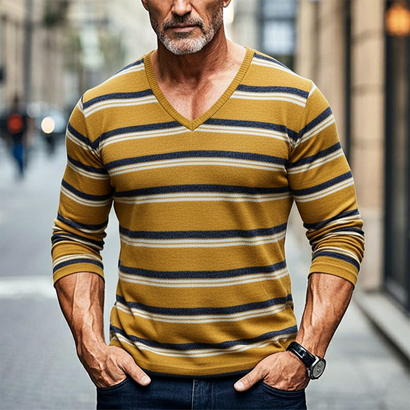 Men's Casual Striped Jacquard Knit V-Neck Sweater MTA0186K3X