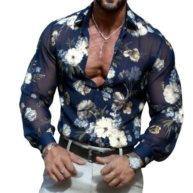 Men's Retro Casual Chiffon Floral Print Lapel Long-Sleeve Shirt MTZ0591B7TO
