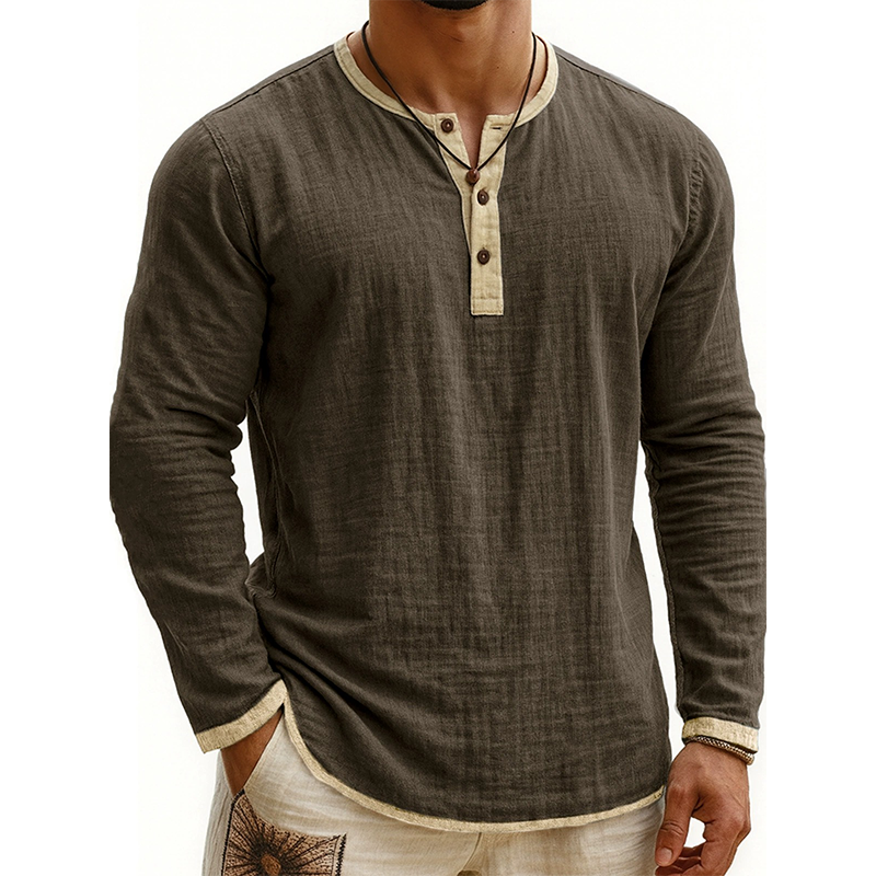 Men's Cotton Blend Contrast Color Henley Collar Long Sleeve T-shirt MTA2594H7X