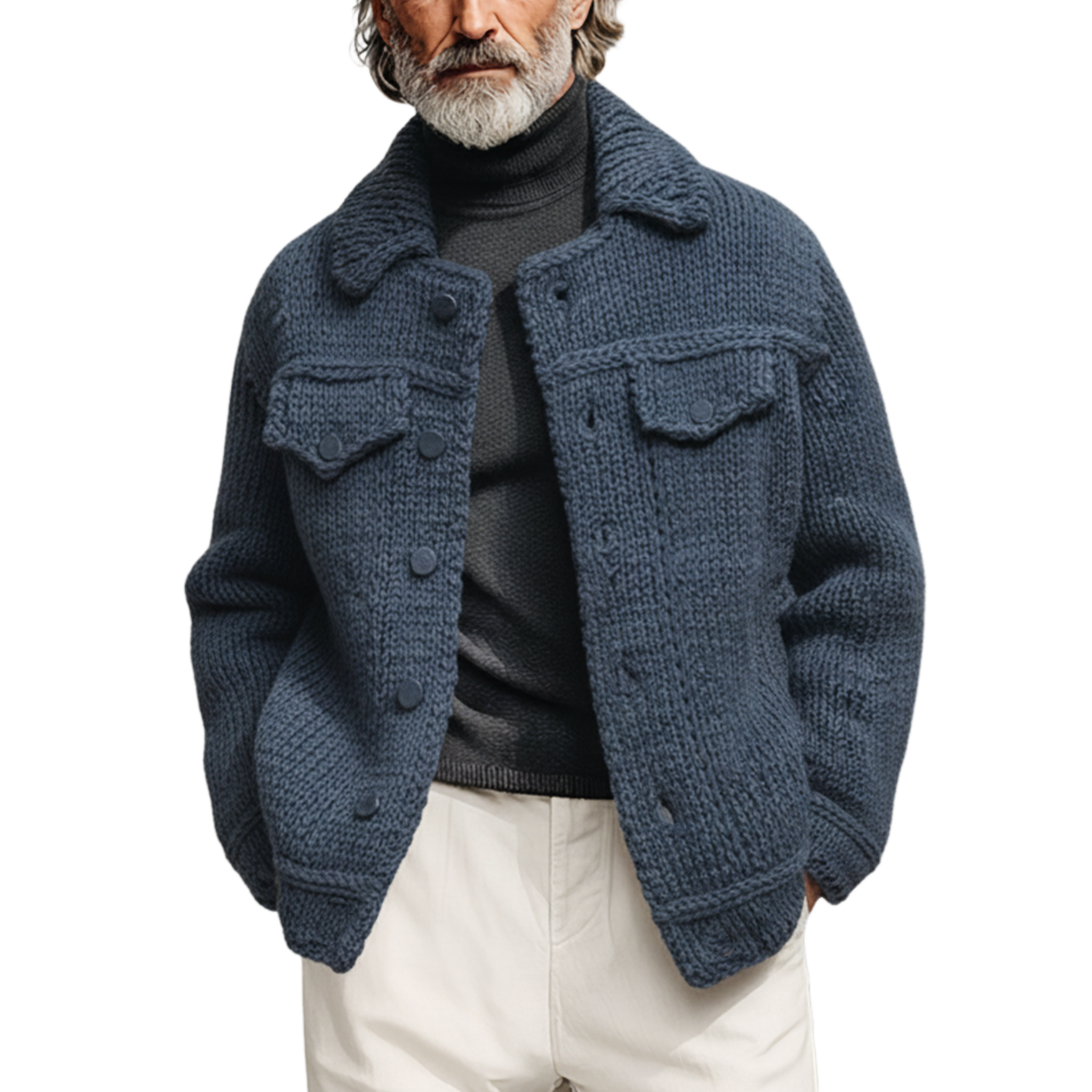 Men's Classic Casual Collared Decorative Pockets Knit Cardigan Jacket MTA0366K0K