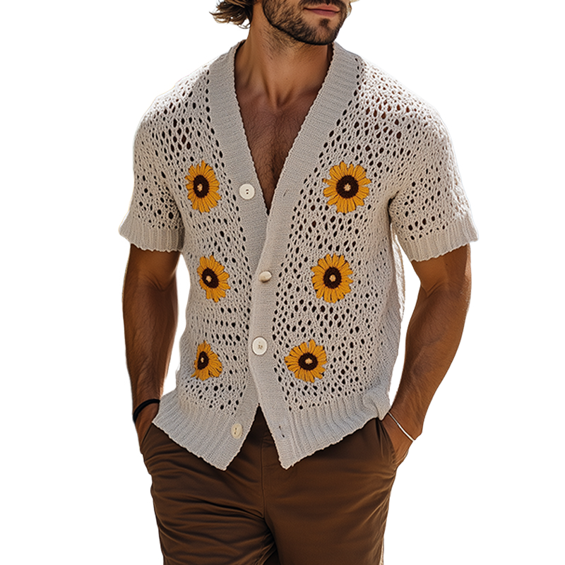 Men's Spring And Summer Fashion Casual Vacation Style Knitted Hollow Flower Short-sleeved Shirt MTA2187F8K