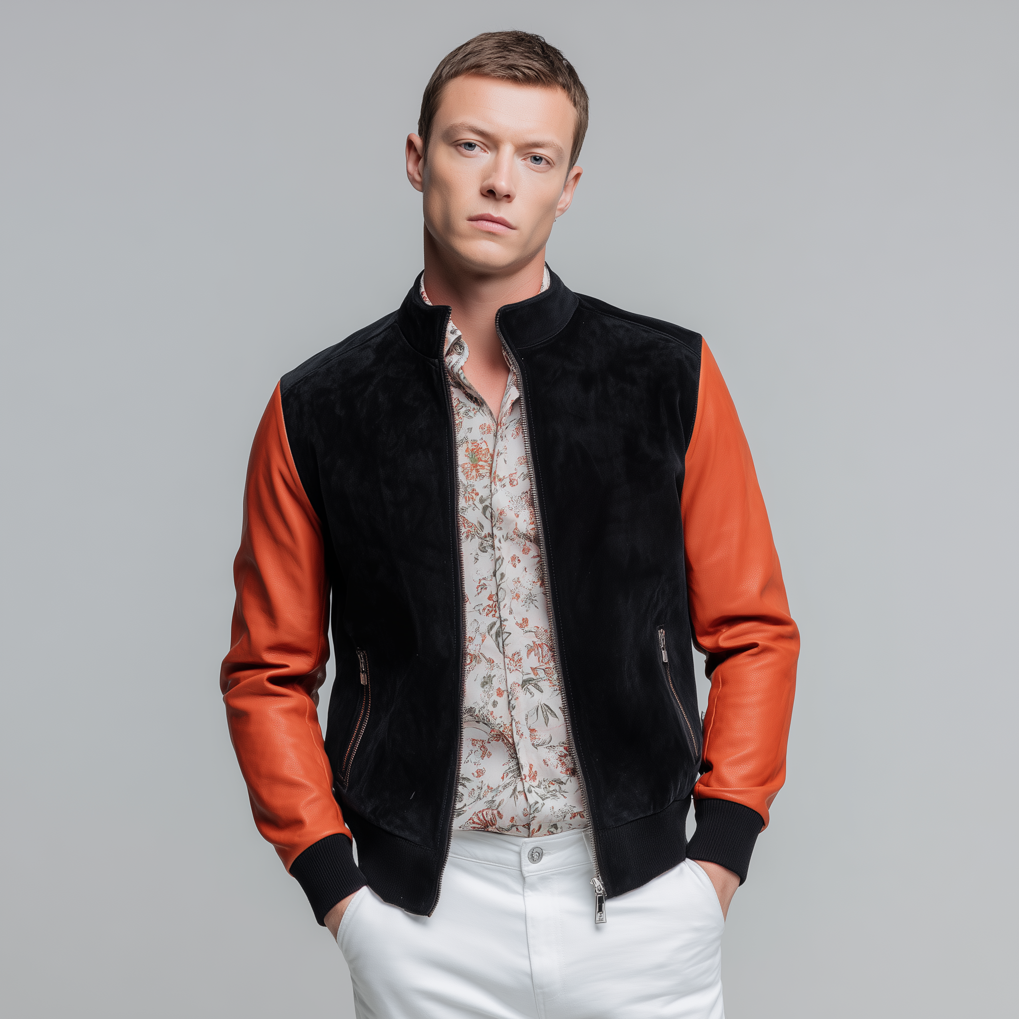 Men's Classic Casual Sleeve PU Leather Stand Collar Suede Jacket MTA0289I3K