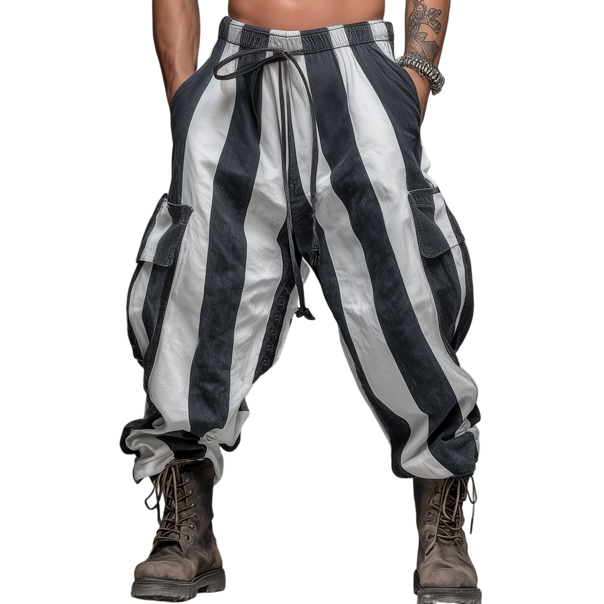 Men's Casual Black And White Striped Blend Elastic Waist Cargo Pants MTA2971J9K